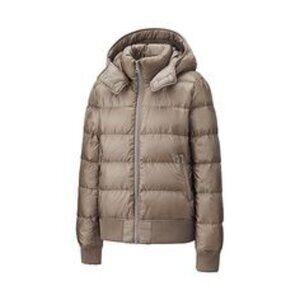 Uniqlo Women Tan Taupe 80% Down Bomber Jacket Coat removable Hood XS Discounted